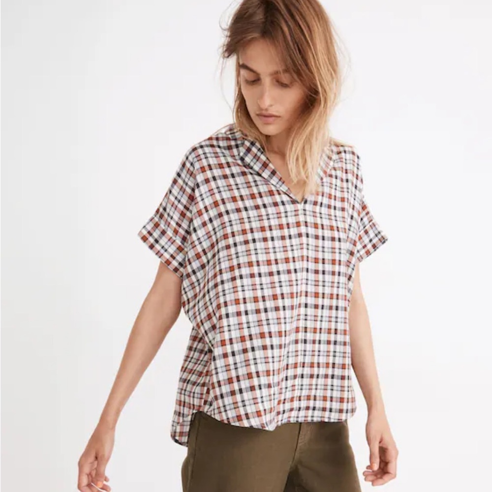 Madewell Hayden Popover Top Burling Plaid Rust Blue Short Sleeve Collar V-neck